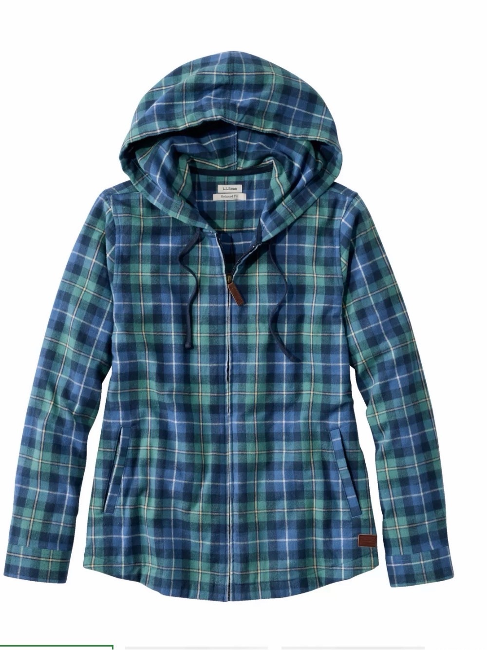 NWT L.L. Bean Women's Scotch Plaid Flannel Blue Green Hooded Shirt Jacket L